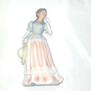Home interior porcelain figurine Lady Camille pink blue  dress straw hat Vintage